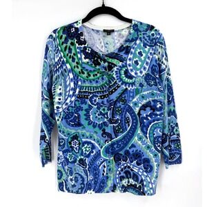 Talbots Cardigan Size M Blue Paisley Cotton Blend Lightweight Coastal Boho